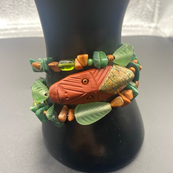 Wrap  Bracelet of Natural Stones Hand Carved Aztec Figure - Picture 3 of 10